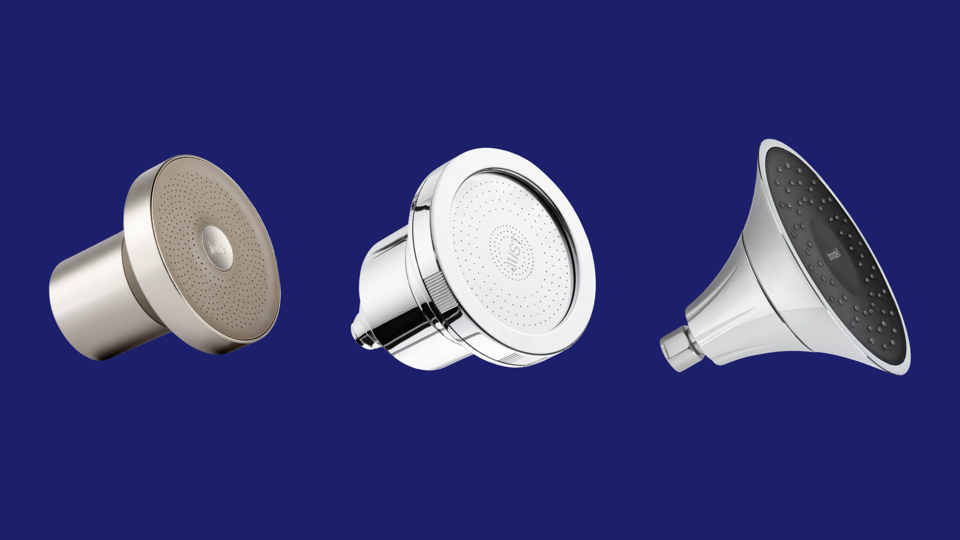 Three filtered shower heads against navy blue background