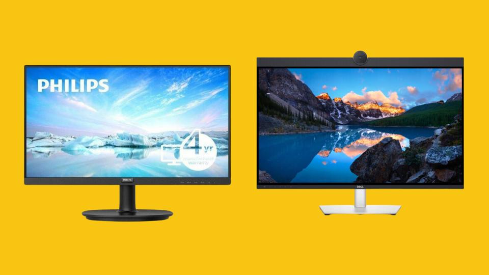 Two of the best monitors for work on a bright mustard yellow background