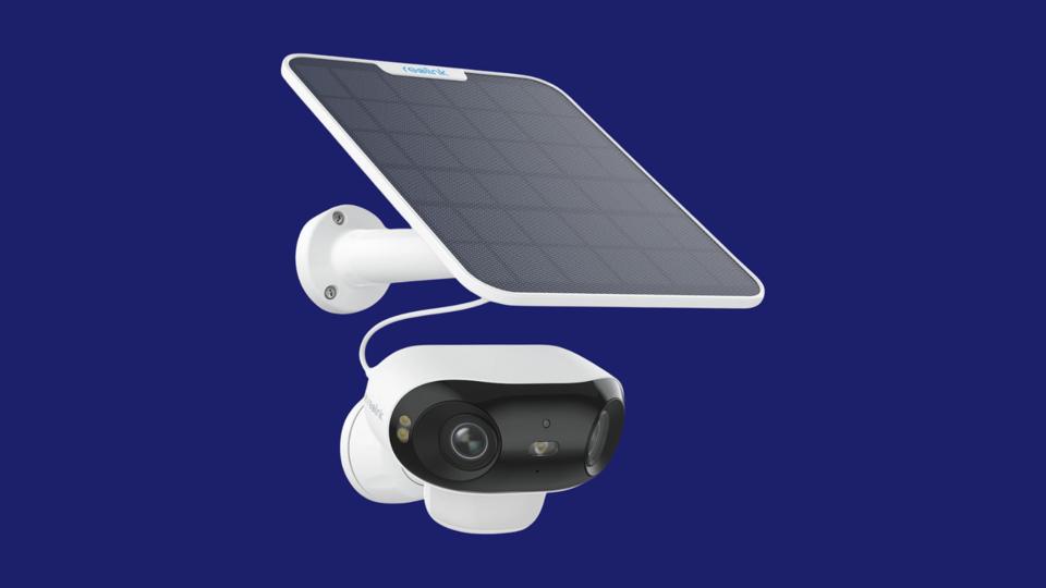 The Reolink Argus 4 Pro security camera with solar panel on a navy background