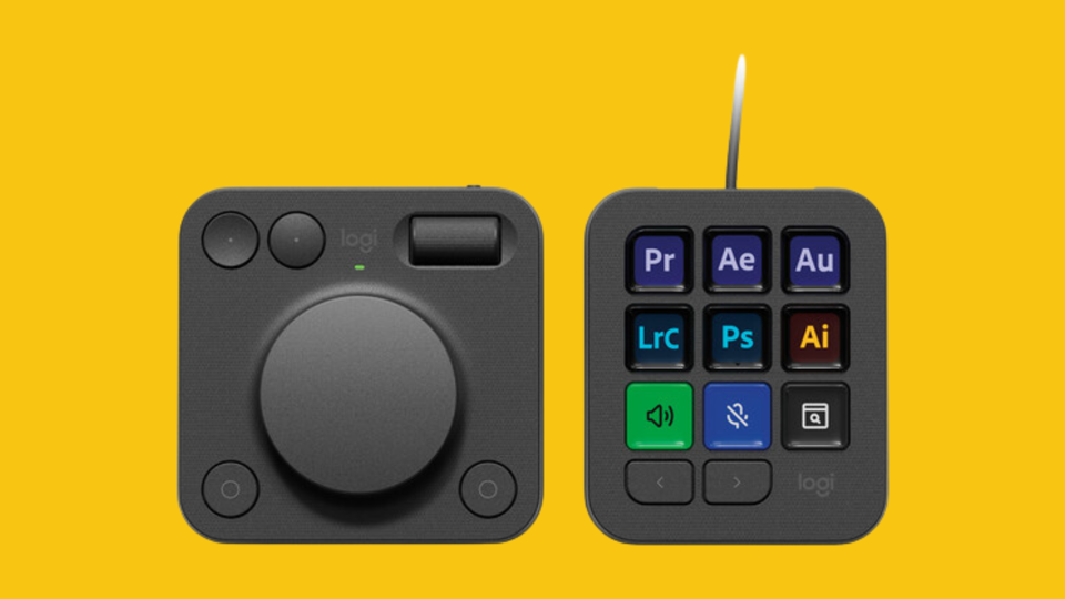  Logitech MX Creative Console in black on a yellow background