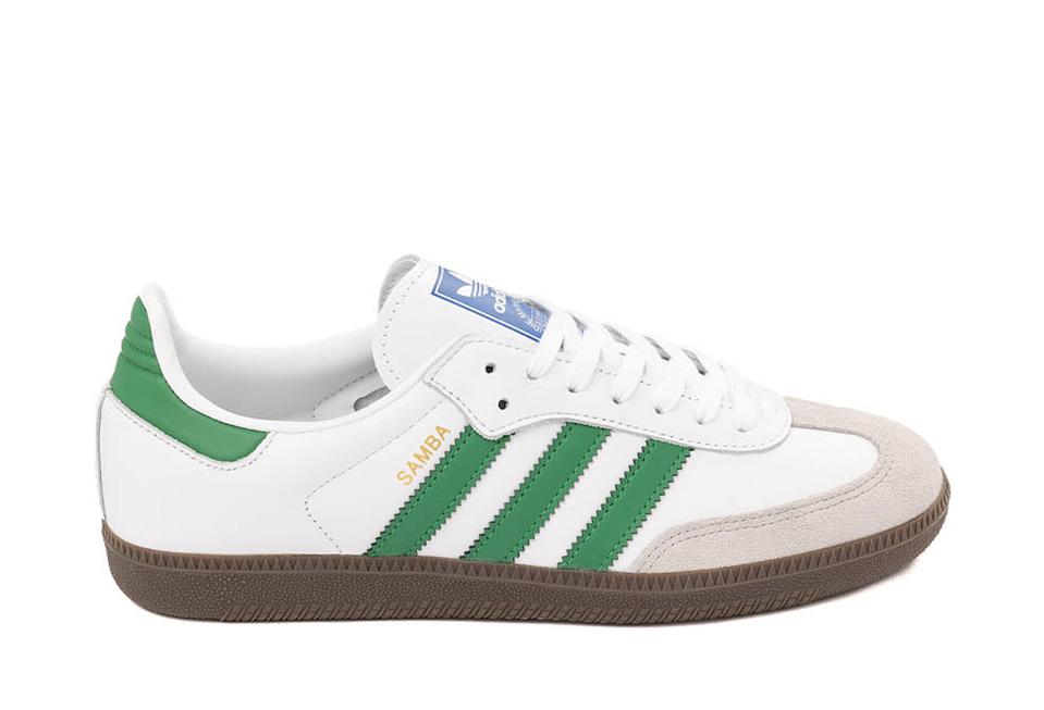 Product shot of an Adidas Samba OG Athletic Shoe in the Cloud White / Green colorway.