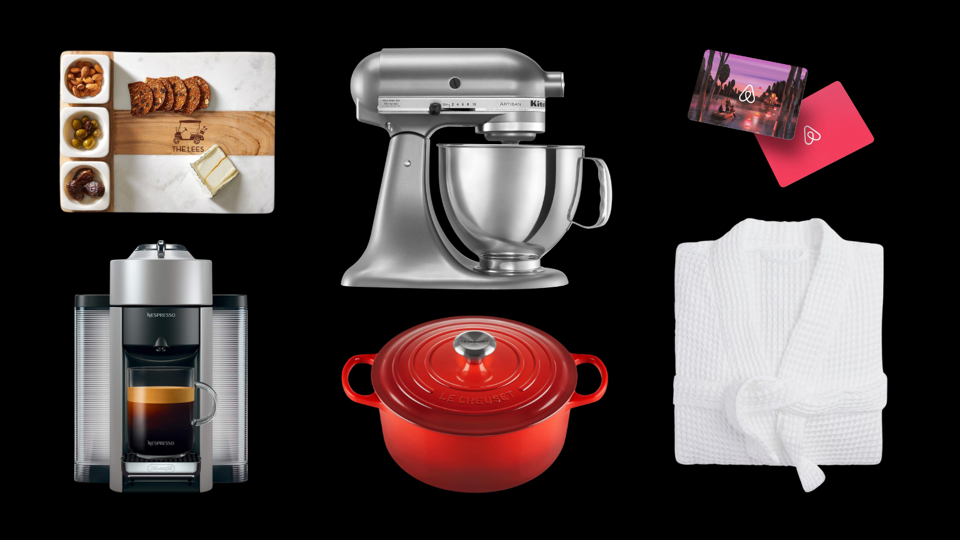 KitchenAid mixer, Le Creuset pot, Nespresso machine and more on a black background.