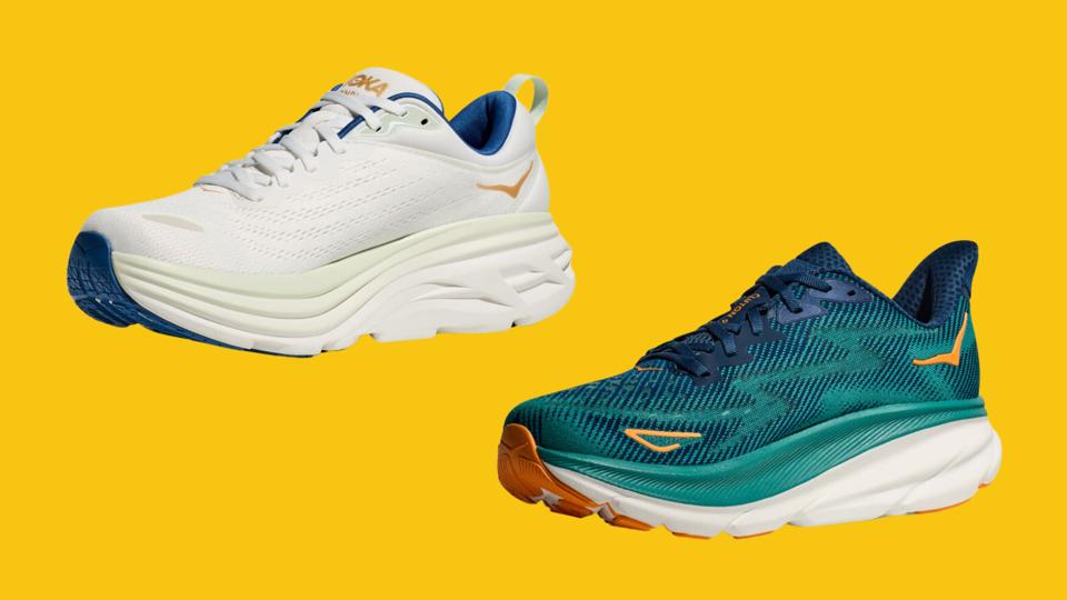 Hoka Clifton 9 and Hoka Bondi 8 on a yellow background