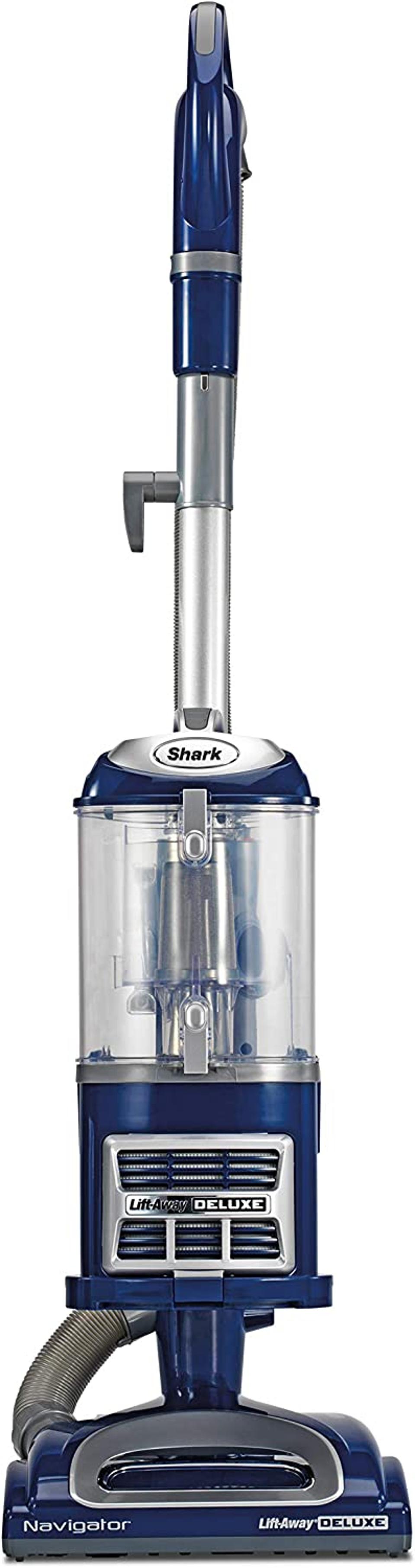 dark blue Shark NV360 Navigator Lift-Away upright vac with clear canister on white background