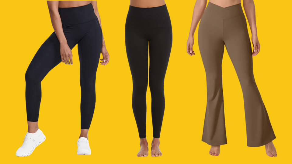 Three pairs of legs wearing tummy-control leggings against yellow background