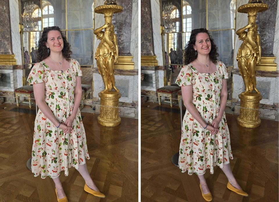 A comparison photo of a woman standing in the Hall of Mirrors at Versailles.