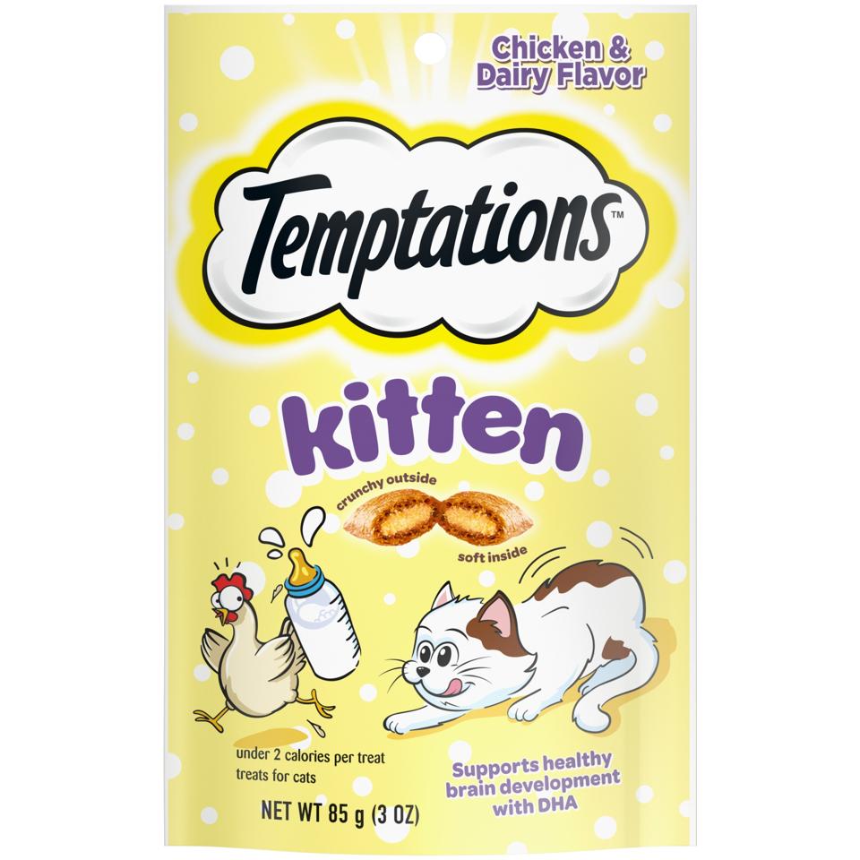 A package of Temptations Kitten Treats against a white background