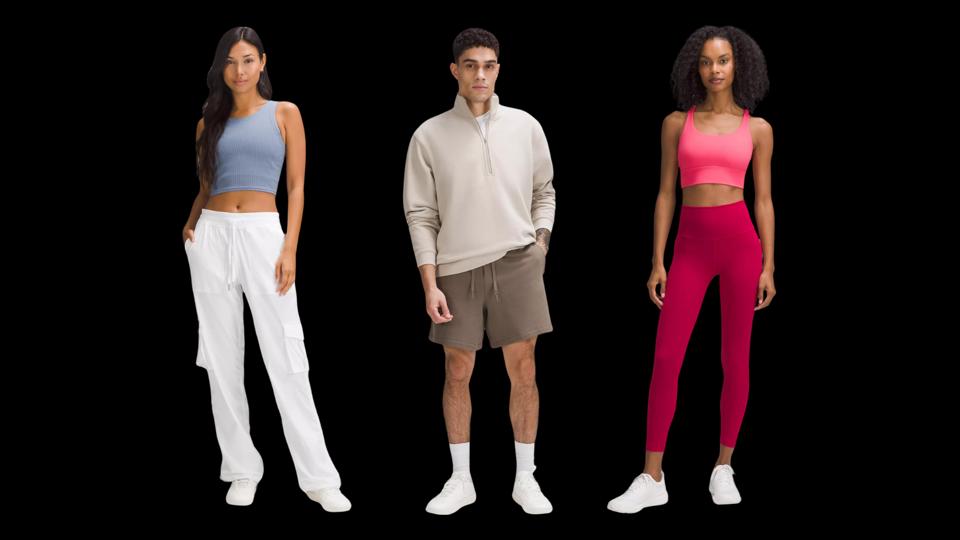 Three people modeling a variety of Lululemon styles on a black background.