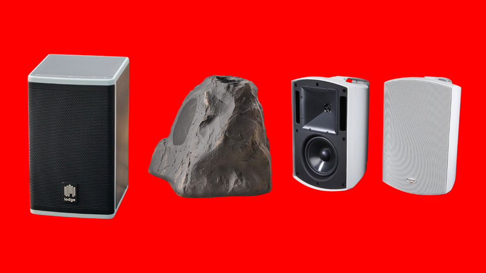 A variety of outdoor speakers on a bright red background