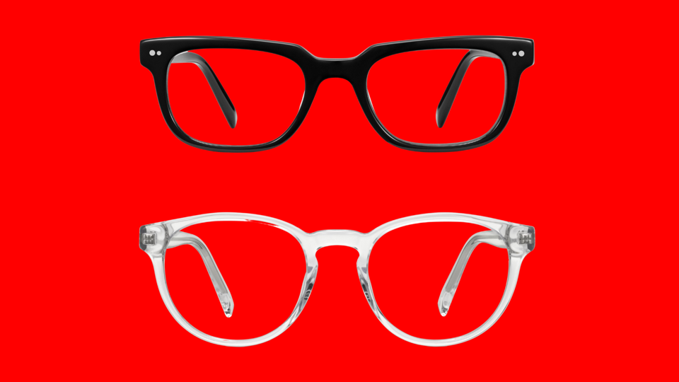 Two Warby Parker frames on a red background.