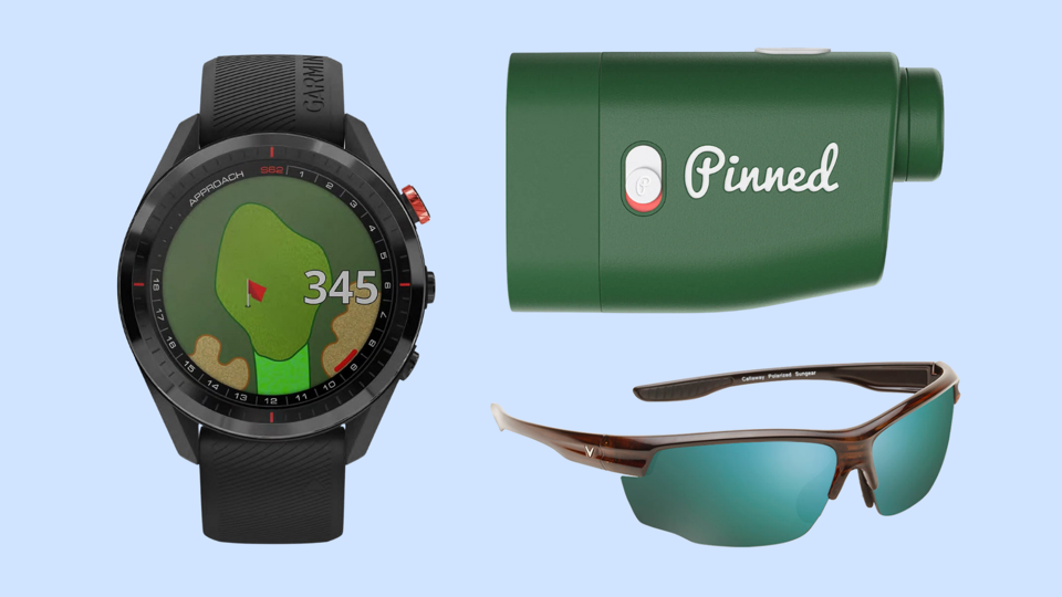 A Garmin watch, Pinned rangefinder and Callaway sunglasses against a light blue background.