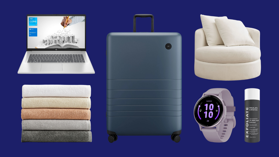 A laptop, luggage, couch, watch, towels and face wash against a blue background.