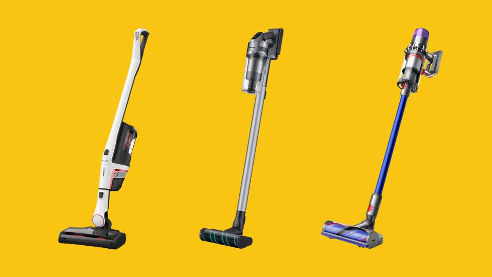 Cordless stick vacuums from Miele, Samsung and Dyson against a yellow background