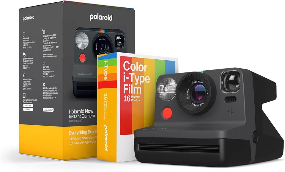 Polaroid Now 2nd Generation I-Type Instant Camera + Film Bundle - Now Black Camera + 16 Color Photos (6248)- Black