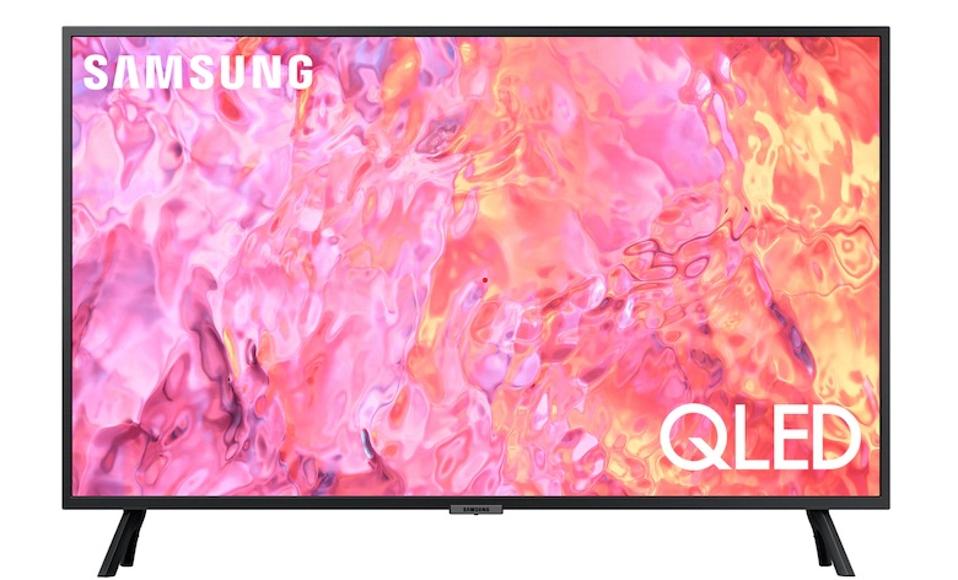 Samsung Q60C with a colorful screen on a white background