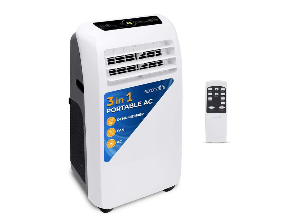 white SereneLife SLPAC10 portable Air Conditioner and white & gray remote against white background