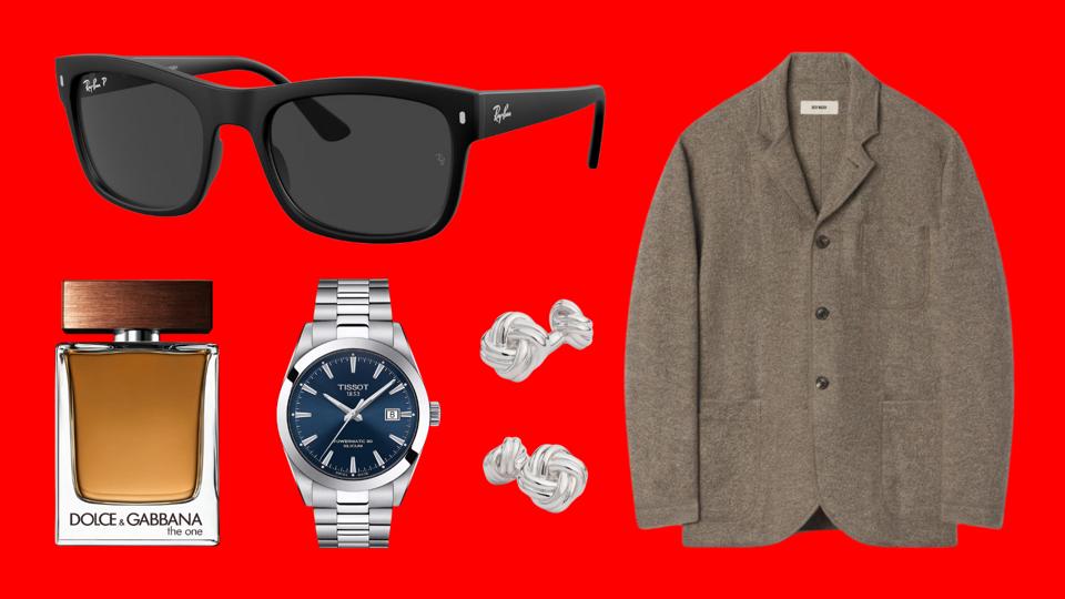 Ray Ban sunglasses, Dolce & Gabbana fragrance, Tissot watch, Brooks Brothers cufflinks on red background