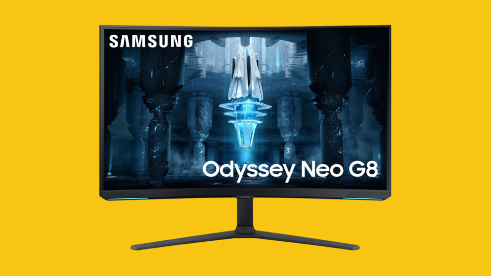 The Samsung Odyssey Neo G8 on a bright mustard yellow background