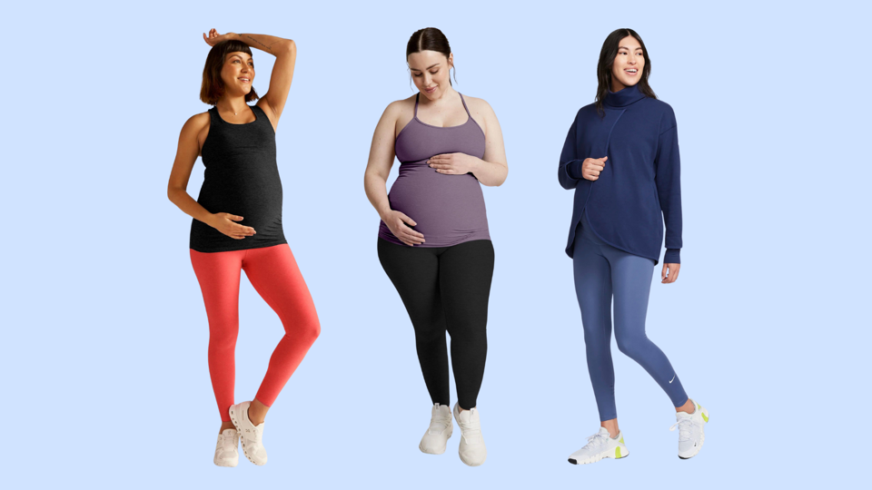 3 pregnant women wearing workout clothes from Beyond Yoga and Nike on a blue background