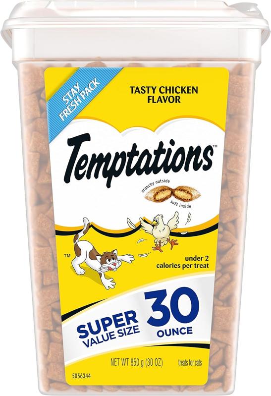 A 30-ounce tub of Temptations Classic Cat Treats against a white background