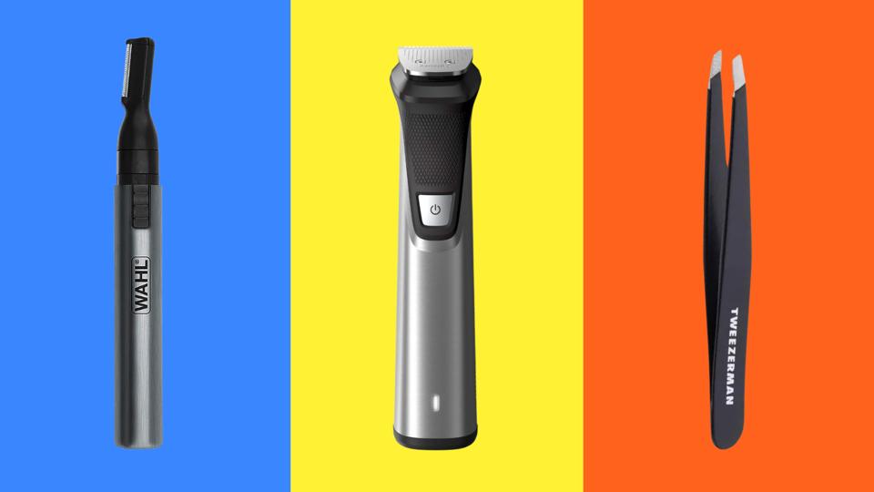 Three different nose hair trimmers against a bright background.