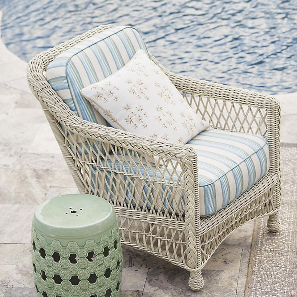 Frontgate Hampton Lounge Chair with blue and white cushion by a pool