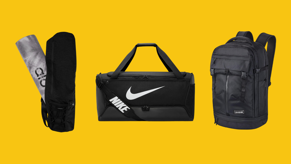 The Alo Yoga Mat Bag, Nike Brasilia Bag and Dakine Verge Backpack on a yellow background