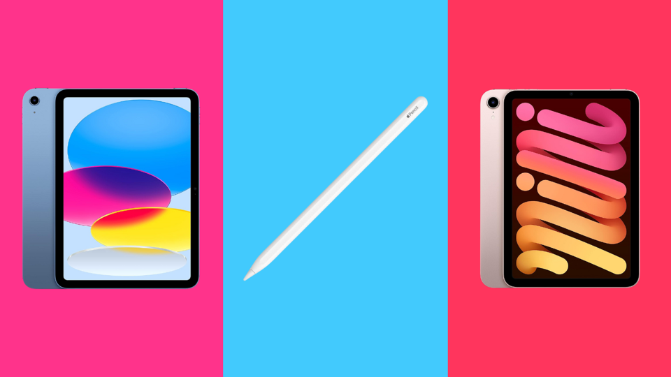 Colorful collage with a blue 10th gen iPad, an Apple Pencil and a pink iPad Mini.