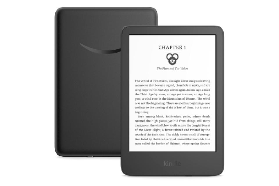 Product shot of a black Amazon Kindle.