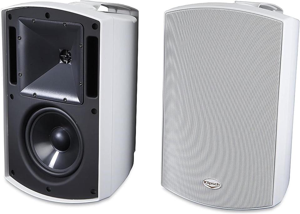 White Klipsch AW-650 speakers on a white background