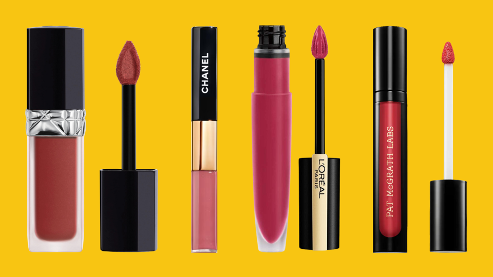 Four long-lasting lipsticks against yellow background