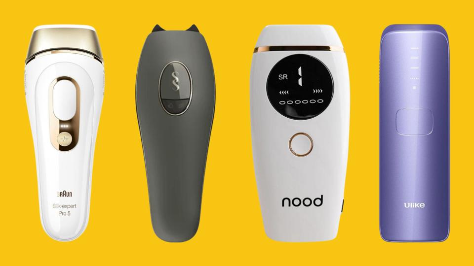 Four of the best at-home laser hair removal devices against a yellow background