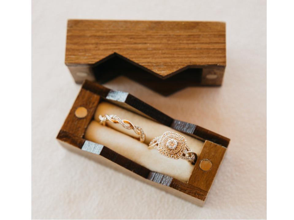 ribbons and rings wood and velvet double travel ring case on beige soft background engagement