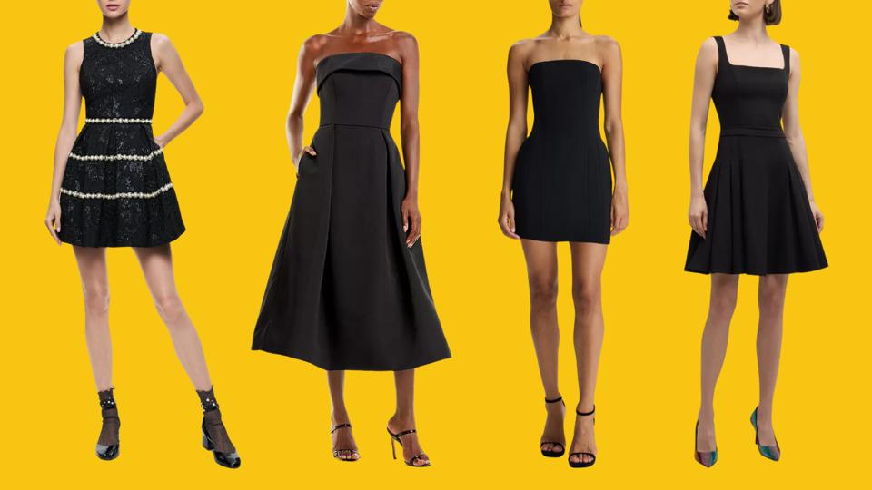 Four women wearing black dresses against a yellow background