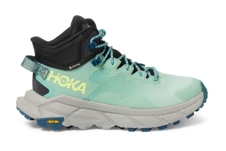 Product shot of a women's Hoka Trail Code GTX Hiking Boot in Blue Glass/Coastal Shade.