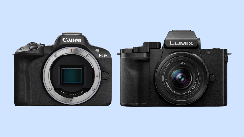 Two cameras on a light blue background