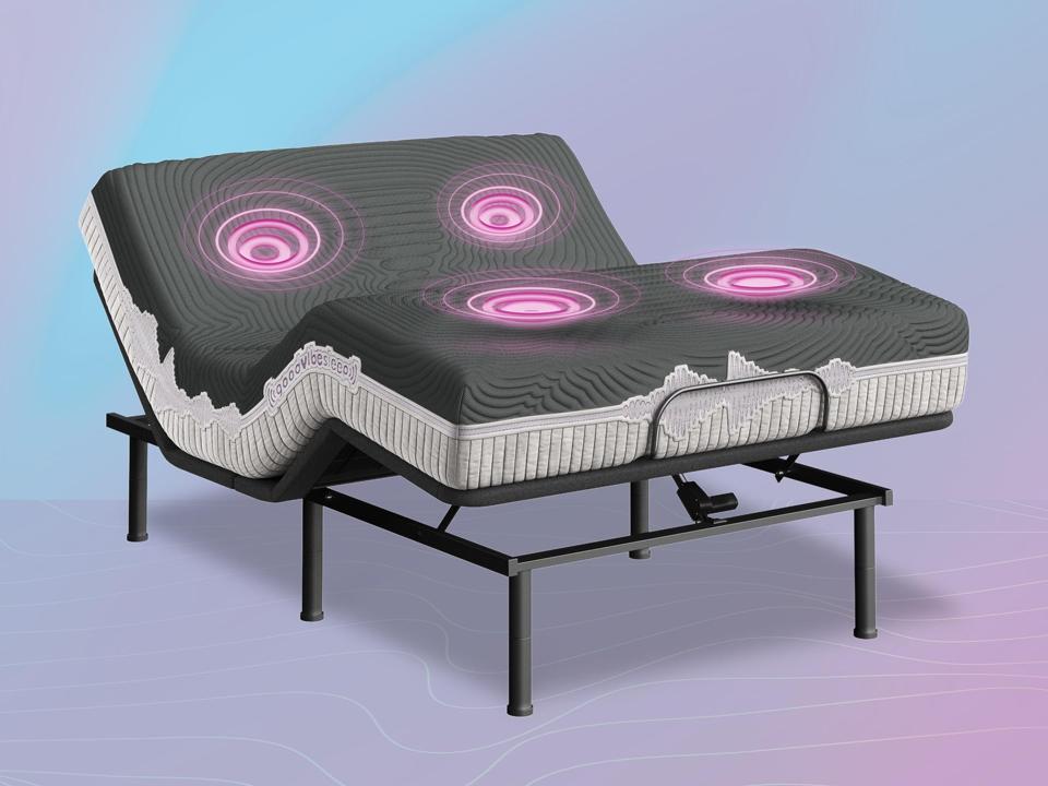 GoodVibeSleep mattress on adjustable frame against a pastel background.