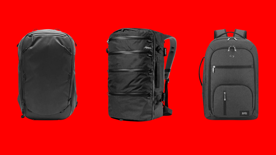 Three of the best men's backpacks on a red background