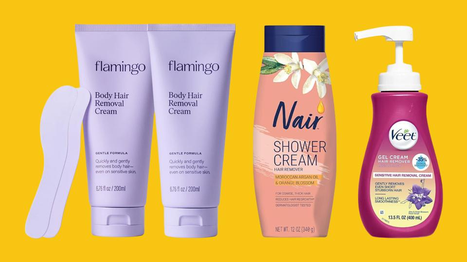 Three different hair removal creams on a yellow background.