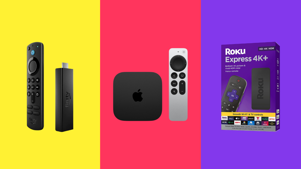 Amazon Firestick, Apple TV Remote, and Roku Express 4K+ Remote against a colorful background.