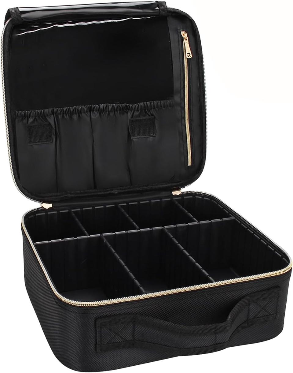 A black travel makeup bag with compartments.