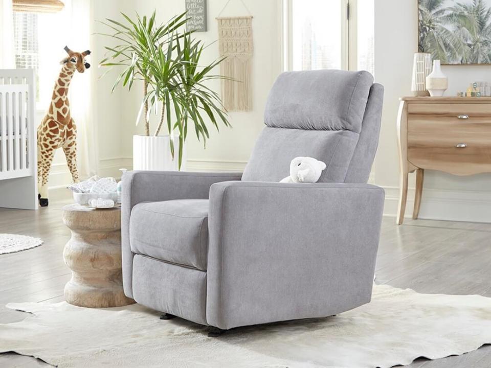 light gray best Nursery Glider from nurture& with white stuffed toy in bright nursery room