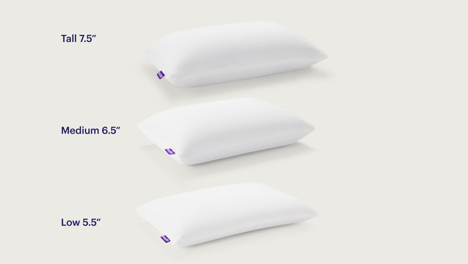 Three Purple Harmony Pillows in the tall size, medium size and low size with the heights 