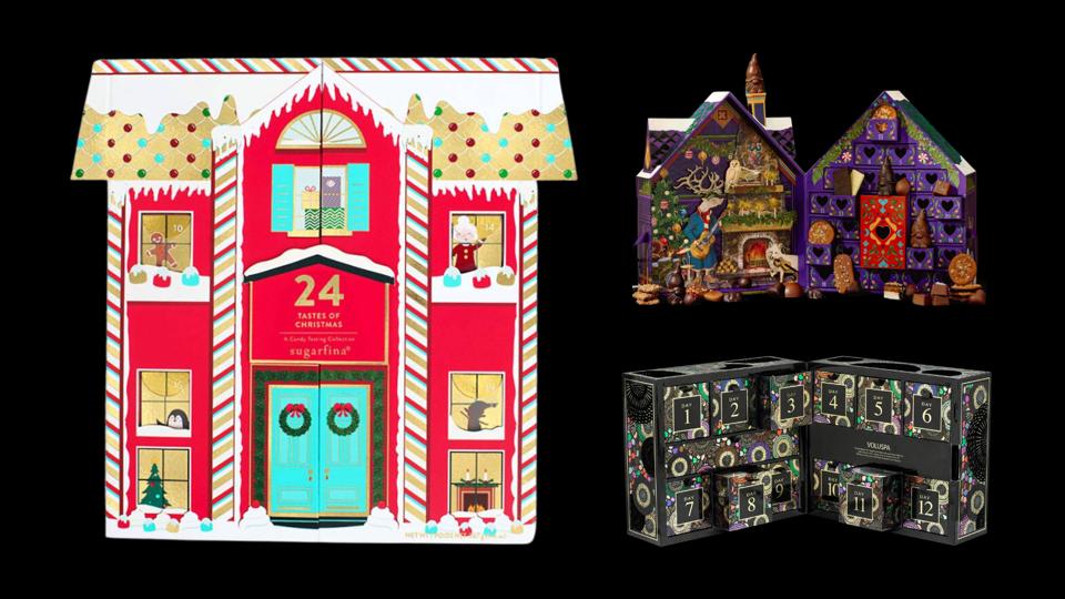 Sugarfina, Vosges Chocolate and Voluspa advent calendars on black background. 