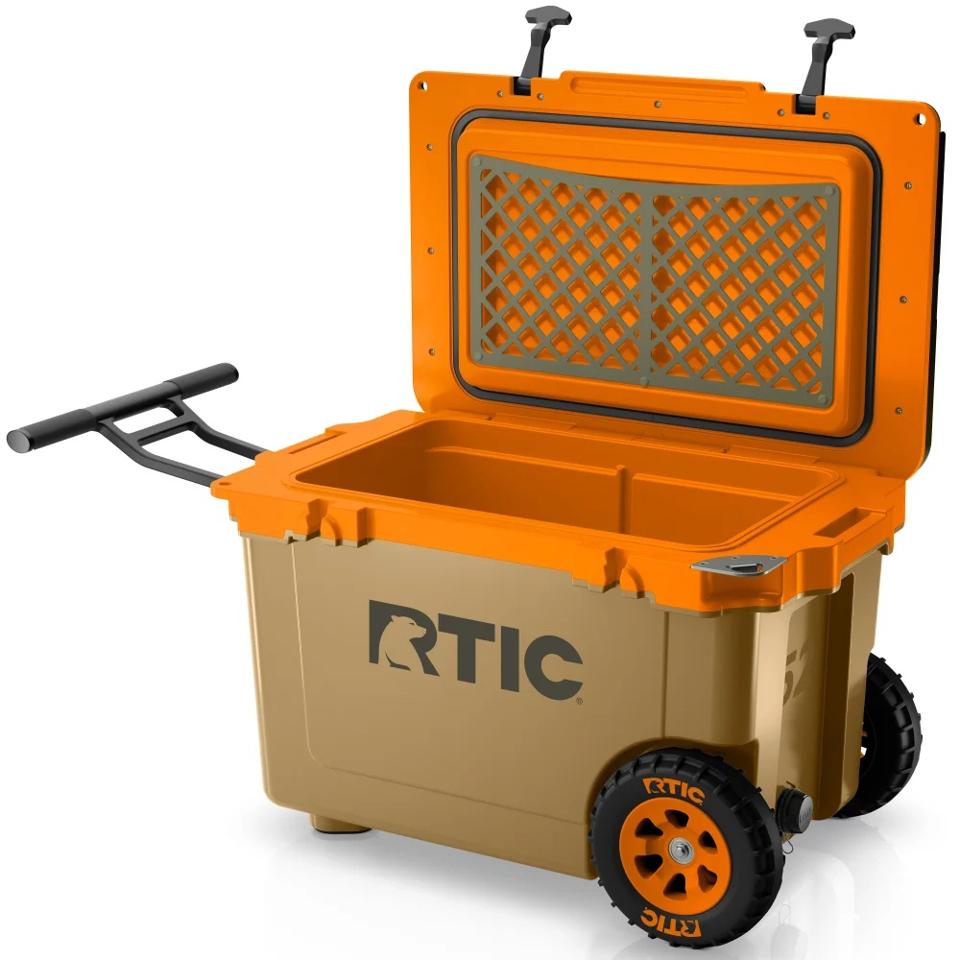 The RTIC 52-Quart Ultra-Light wheeled cooler on a white background