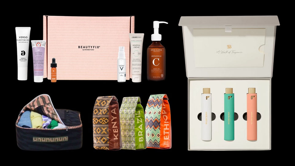 BeautyFix, Scent Bird, Atlas Coffee and Nuuly subscription boxes on black background