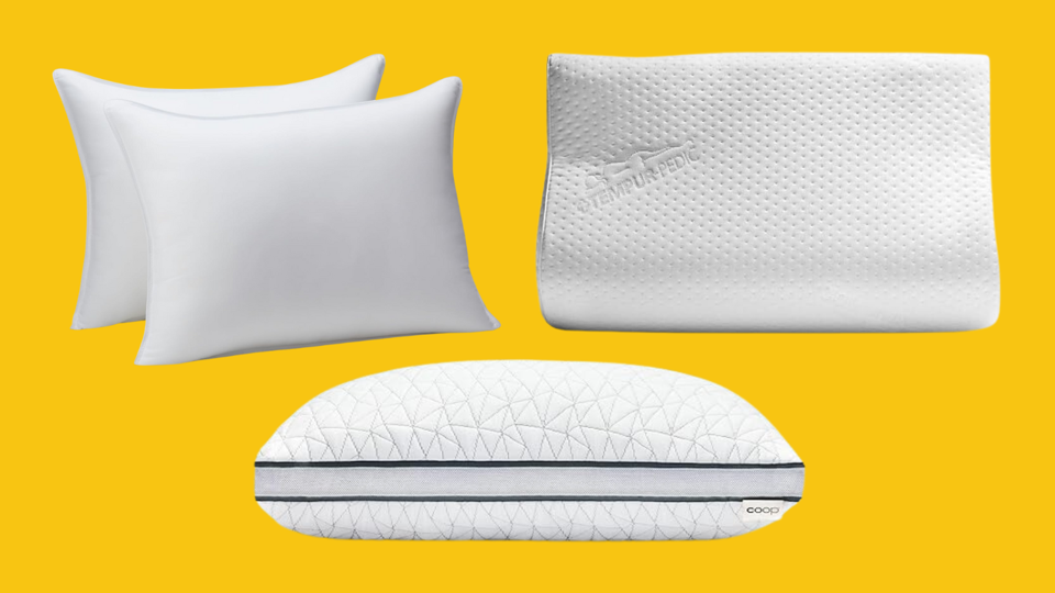 four pillows on a yellow background