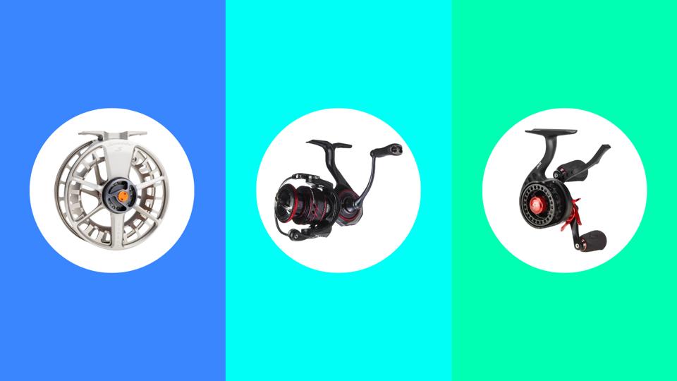 Three of the best fishing reels on colorful backgrounds