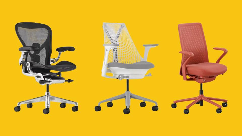 Three of the best office chairs of 2024 on a yellow background.