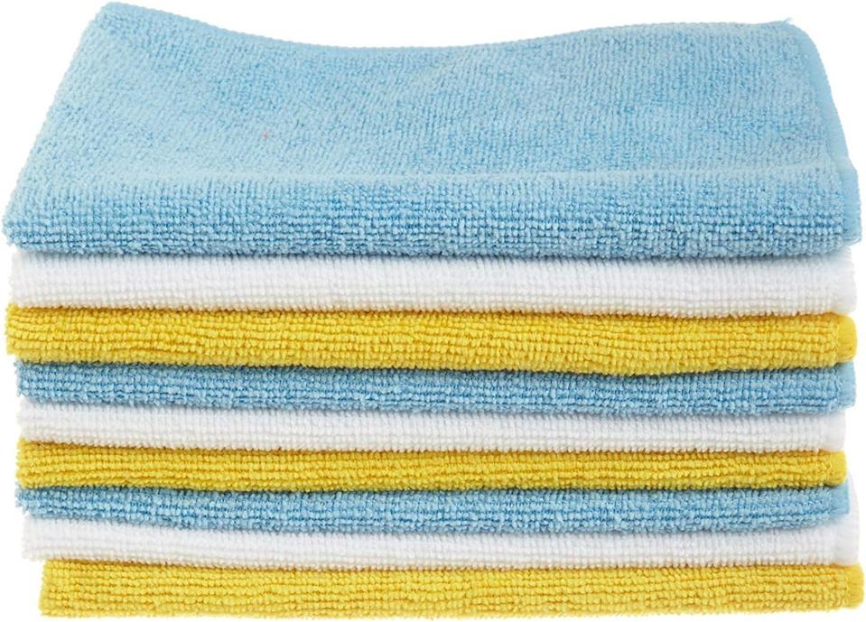 Amazon Basics Microfiber Cleaning Cloths, Non-Abrasive, Reusable and Washable, Pack of 24, Blue/White/Yellow, 16" x 12"